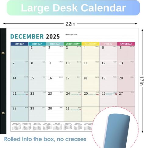 Large Desk Calendar 2025, Totall 18 Monthly Desk Calendar, Large Size 17" x 22", From Now to December 2025, Thick Paper with Transparent Corner Protectors, Colorful Lump in Saudi Arabia