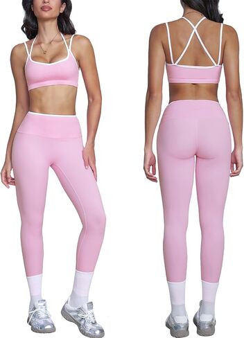 ABOCIW Two Piece Workout Sets for Women Color Block Strappy Sports Bra High Waist Leggings Yoga Pilates Outfits in Saudi Arabia