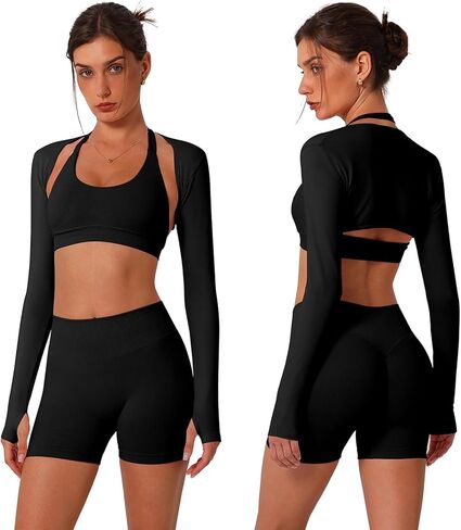 ABOCIW 3 Piece Workout Sets for Women Seamless Halter Sports Bra High Waist Biker Shorts Long Sleeve Bolero with Thumb Hole in Saudi Arabia