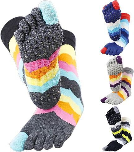 Toe Socks Women - Non-Slip Grip Socks for Yoga, Pilates & Barre, Five Finger Cotton Athletic Socks with Storage Bag in Saudi Arabia