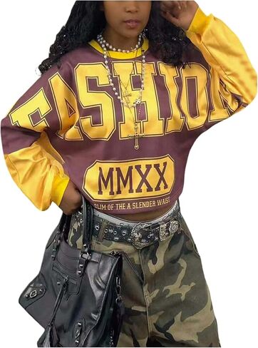 GORGLITTER Women's Hip Hop Cropped Jersey Shirt Letter Graphic Loose Oversized Crop Sweatshirt Pullover Streetwear Multicolor Small in Saudi Arabia