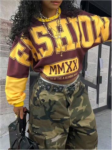 GORGLITTER Women's Hip Hop Cropped Jersey Shirt Letter Graphic Loose Oversized Crop Sweatshirt Pullover Streetwear Multicolor Small in Saudi Arabia