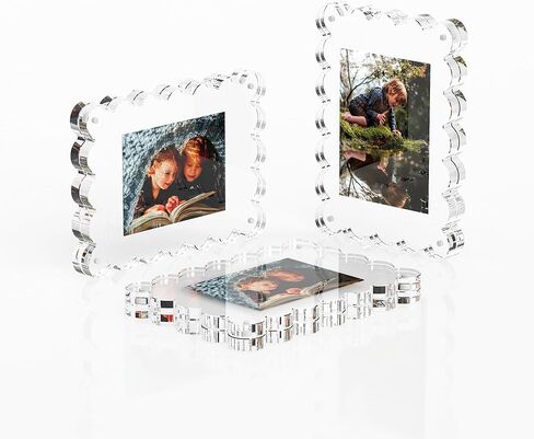 Opps Acrylic Picture Frame 4x6: 3 Pack Magnetic Picture Frames, Cute Wavy Double Sided Photo Frame, Clear Scalloped Picture Frame for Home Decor Display in Saudi Arabia