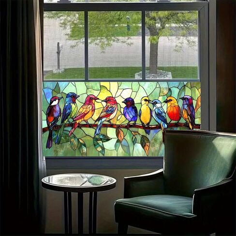 Window Privacy Film Stained Glass 39.37×17.71 Inches Colorful Birds Decorative Window Cling Static Cling Removable Decal Anti UV Privacy Film for Home Decor in Saudi Arabia