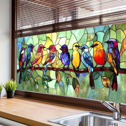 Window Privacy Film Stained Glass 39.37×17.71 Inches Colorful Birds Decorative Window Cling Static Cling Removable Decal Anti UV Privacy Film for Home Decor in Saudi Arabia