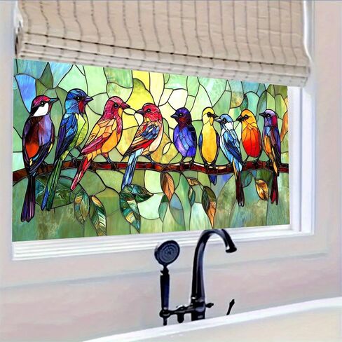 Window Privacy Film Stained Glass 39.37×17.71 Inches Colorful Birds Decorative Window Cling Static Cling Removable Decal Anti UV Privacy Film for Home Decor in Saudi Arabia