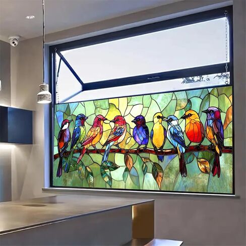 Window Privacy Film Stained Glass 39.37×17.71 Inches Colorful Birds Decorative Window Cling Static Cling Removable Decal Anti UV Privacy Film for Home Decor in Saudi Arabia