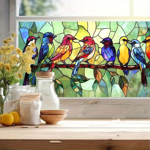 Window Privacy Film Stained Glass 39.37×17.71 Inches Colorful Birds Decorative Window Cling Static Cling Removable Decal Anti UV Privacy Film for Home Decor in Saudi Arabia