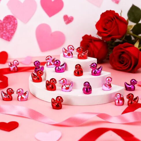 100 Pcs Shiny Valentines Day Mini Duck Figures Colorful Valentines Day Duck Decor Micro Landscape Aquarium Garden Hide and Seek Decoration Charm for Party Gift(Red, Fuchsia and Pink) in Saudi Arabia