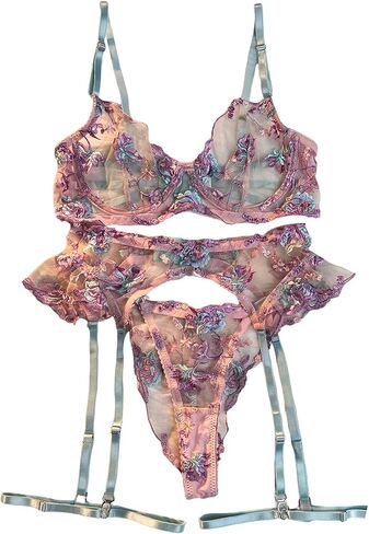 SOLY HUX Women's Garter Lingerie Set Floral Embroidery Push Up Bra Panty Wedding Night Honeymoon Outfits in Saudi Arabia