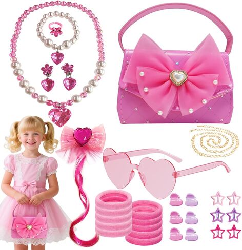 Girls Pink Dress Up Accessories Set with Purse, Necklace, Bracelet, Earrings, Ring, Sunglasses, Hair Clip, Hair Ties and Barrettes, Kids Toddler Costume Role Play Gift Toys for Little Princess in Saudi Arabia