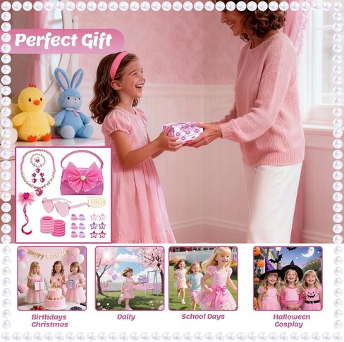 Girls Pink Dress Up Accessories Set with Purse, Necklace, Bracelet, Earrings, Ring, Sunglasses, Hair Clip, Hair Ties and Barrettes, Kids Toddler Costume Role Play Gift Toys for Little Princess in Saudi Arabia