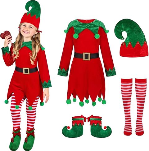 Christmas Elf Costume for Kids - Girls Elf Dress Set Velvet Cosplay Santa's Helper Costume Xmas Outfit in Saudi Arabia