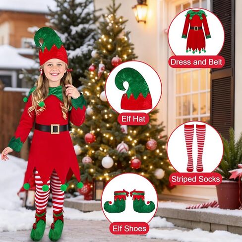 Christmas Elf Costume for Kids - Girls Elf Dress Set Velvet Cosplay Santa's Helper Costume Xmas Outfit in Saudi Arabia