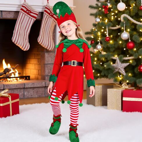 Christmas Elf Costume for Kids - Girls Elf Dress Set Velvet Cosplay Santa's Helper Costume Xmas Outfit in Saudi Arabia
