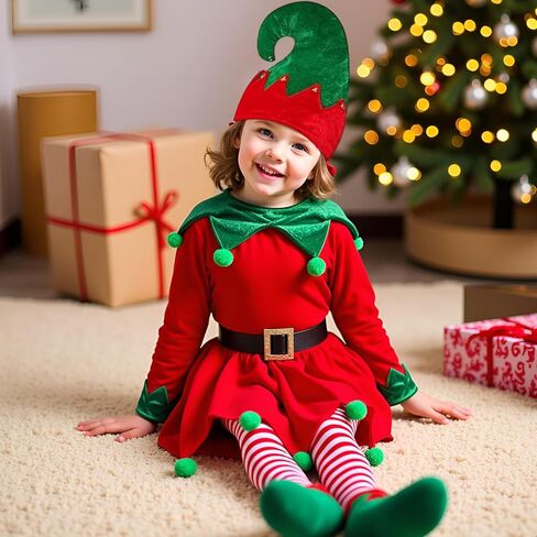 Christmas Elf Costume for Kids - Girls Elf Dress Set Velvet Cosplay Santa's Helper Costume Xmas Outfit in Saudi Arabia