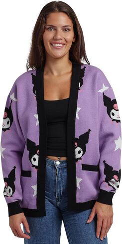 Kuromi Stars All-Over Print Women's Purple Long Sleeve Cardigan in Saudi Arabia