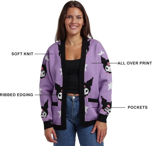 Kuromi Stars All-Over Print Women's Purple Long Sleeve Cardigan in Saudi Arabia