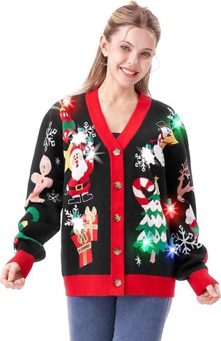 Giggling Getup Women Ugly Christmas Cardigan Sweaters, Funny Light Up V-Neck Ugly Christmas Sweater for Women 2025 in Saudi Arabia