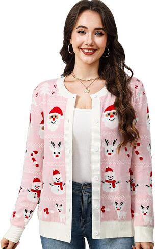 إمرأة قبيحة عيد الميلاد سترة سترة سانتا الرنة ثلج كم طويل زر سترة متماسكة لطيف مضحك سترة in Kuwait