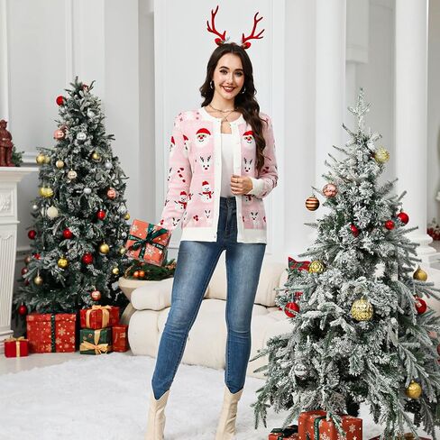 إمرأة قبيحة عيد الميلاد سترة سترة سانتا الرنة ثلج كم طويل زر سترة متماسكة لطيف مضحك سترة in Kuwait