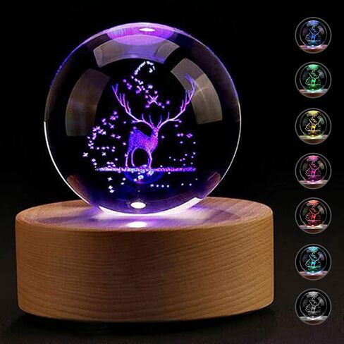 3D Elk Crystal Ball with Wood Stand, Christmas Deer Ornaments Figures Snowflake Snow Globe Decor Glass Ball, Gift for Friend, Dad, Kids, and More (3.15 inch, 80mm) in Saudi Arabia