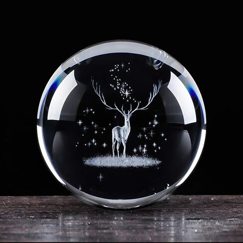 3D Elk Crystal Ball with Wood Stand, Christmas Deer Ornaments Figures Snowflake Snow Globe Decor Glass Ball, Gift for Friend, Dad, Kids, and More (3.15 inch, 80mm) in Saudi Arabia