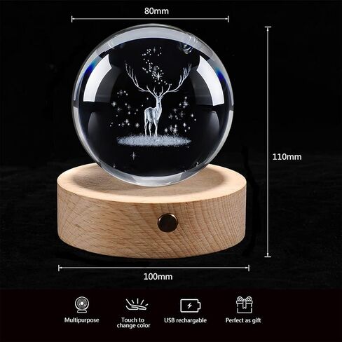 3D Elk Crystal Ball with Wood Stand, Christmas Deer Ornaments Figures Snowflake Snow Globe Decor Glass Ball, Gift for Friend, Dad, Kids, and More (3.15 inch, 80mm) in Saudi Arabia