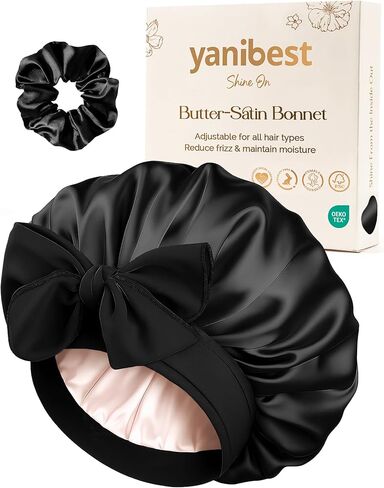 قبعة شعر حريرية من YANIBEST للنوم، قبعة شعر بطبقة مزدوجة مع شريط ربط مرن للشعر الطبيعي المجعد تقلل من التجعد in Kuwait