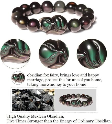 Feng Shui Bracelet,Feng Shui Wealth Bracelet Fox God Rainbow Obsidian Bracelet Talisman Lucky Fox Charm Beaded Crystal Bracelet Chakra Amulet for Love Attraction Money Happy Marriage Popularity(12mm) in Saudi Arabia