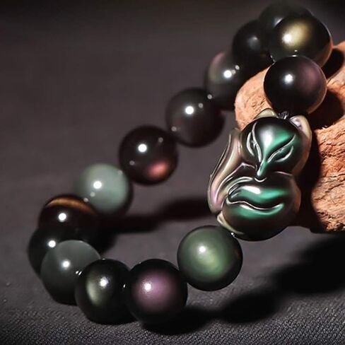 Feng Shui Bracelet,Feng Shui Wealth Bracelet Fox God Rainbow Obsidian Bracelet Talisman Lucky Fox Charm Beaded Crystal Bracelet Chakra Amulet for Love Attraction Money Happy Marriage Popularity(12mm) in Saudi Arabia