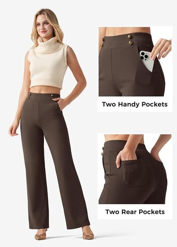 Willit Women's Wide Leg Dress Pants High Waisted Stretch Work Pants Office Business Casual Slacks Pockets Short Deep Brown M in Saudi Arabia