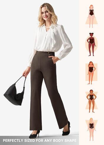 Willit Women's Wide Leg Dress Pants High Waisted Stretch Work Pants Office Business Casual Slacks Pockets Short Deep Brown M in Saudi Arabia