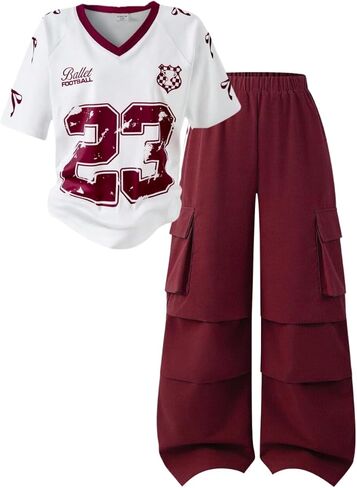 Tween Girls Clothes Short Sleeve Graphic T-Shirt Top + Cargo Pants 2pcs Outfit Set, Size 7-15Years in Saudi Arabia