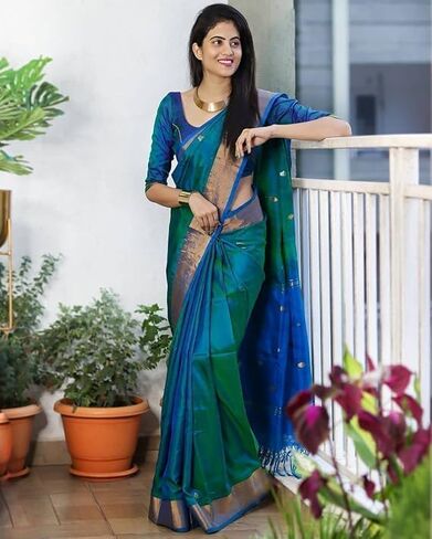 Women's Kanjivaram Soft Silk Saree With Blouse Piece 6.3metres (Rama Green) in Saudi Arabia