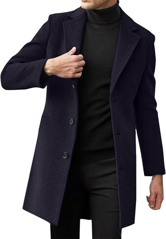 SOMTHRON Men's Casual Trench Coat Notched Lapel Mid Length Jacket Overcoat Single Breasted Winter Warm Pea Coat in Saudi Arabia