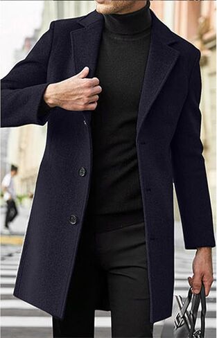 SOMTHRON Men's Casual Trench Coat Notched Lapel Mid Length Jacket Overcoat Single Breasted Winter Warm Pea Coat in Saudi Arabia