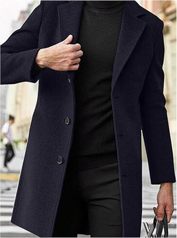SOMTHRON Men's Casual Trench Coat Notched Lapel Mid Length Jacket Overcoat Single Breasted Winter Warm Pea Coat in Saudi Arabia