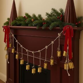 16 Pcs Vintage Gold Christmas Cow Bells Garland Rustic Hanging Christmas Decor for Farmhouse Xmas Metal Cow Decorative Bells Cluster on Rope with Red Bow for Banister Wall Doorway in Saudi Arabia