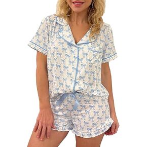 Cute Pajama Sets for Women Floral Bow Valentine's Heart Loungewear Short Sleeve Ruffle Cheetah Print Pjs in Saudi Arabia