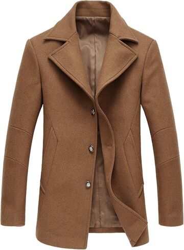 chouyatou Men's Classic Notched Collar Double Breasted Wool Blend Pea Coat (Large, Single-Camel) in Saudi Arabia