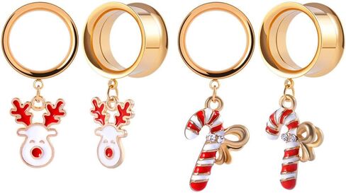 ERKUOO 4PCS Christmas Ear Tunnels Set Stainless Steel Double Flare Gold Tone Plug Gauges with Santa Snowman Reindeer Candy Cane Dangle Charms Holiday Stretching Jewelry Gift for Women Men 6mm-25mm in Saudi Arabia
