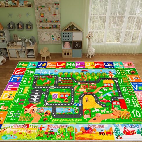 Road Traffic Kids Rug Nylon, 31.5×47IN Country City Map Car Rugs for Kids Toy Cars,Non-Slip TPR Baby Play Mats for Floor Race Track Kids Area Rugs,Kids Play Mat Road Rug for Toddler Boys Game Playroom in Kuwait