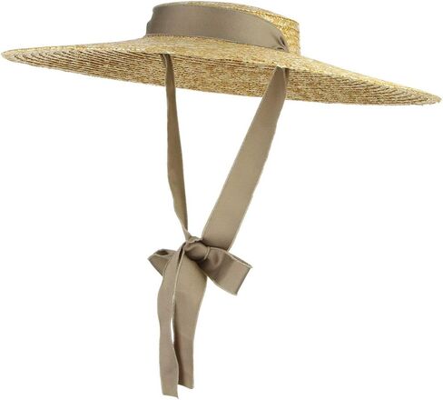 Jelord Women Vintage Boater Straw Hat Wide Brim Flat Top Floppy Derby Straw Hat Beach Sun Hats with Chin Strap Brim in Saudi Arabia
