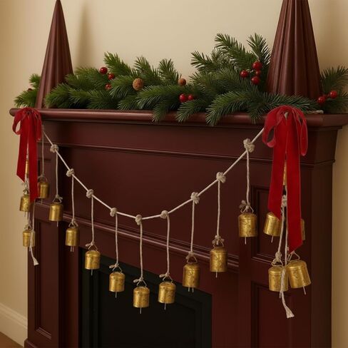 16 Pcs Vintage Gold Christmas Cow Bells Garland Rustic Hanging Christmas Decor for Farmhouse Xmas Metal Cow Decorative Bells Cluster on Rope with Red Bow for Banister Wall Doorway in Saudi Arabia
