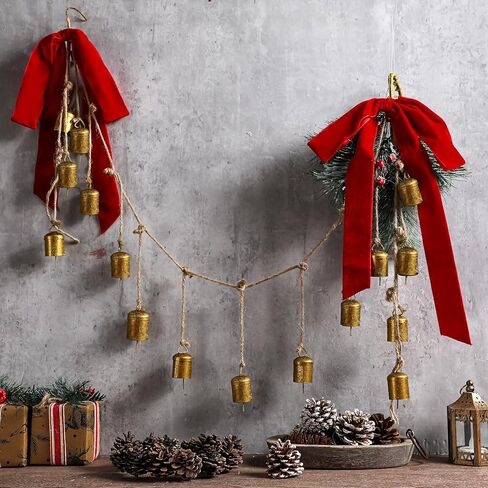 16 Pcs Vintage Gold Christmas Cow Bells Garland Rustic Hanging Christmas Decor for Farmhouse Xmas Metal Cow Decorative Bells Cluster on Rope with Red Bow for Banister Wall Doorway in Saudi Arabia
