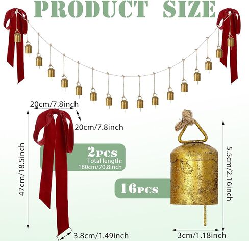 16 Pcs Vintage Gold Christmas Cow Bells Garland Rustic Hanging Christmas Decor for Farmhouse Xmas Metal Cow Decorative Bells Cluster on Rope with Red Bow for Banister Wall Doorway in Saudi Arabia