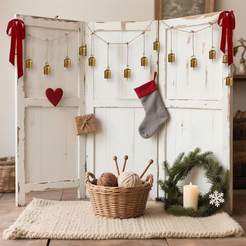 16 Pcs Vintage Gold Christmas Cow Bells Garland Rustic Hanging Christmas Decor for Farmhouse Xmas Metal Cow Decorative Bells Cluster on Rope with Red Bow for Banister Wall Doorway in Saudi Arabia