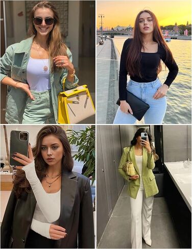 Ekouaer Womens 3 Pack Long Sleeve Shirts Square Neck Basic Ribbed Tops Tee Thermal Undershirts Black/Brown/White Medium in Saudi Arabia