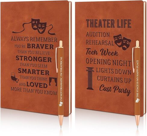 4 Pcs Theater Gifts Funny Theater Actor Gifts Theatre Life Leather Notebook Ballpoint Pen with Quotes Musical Broadway Theatre Lover Gift Drama Student Graduation Gift(Brown) in Saudi Arabia